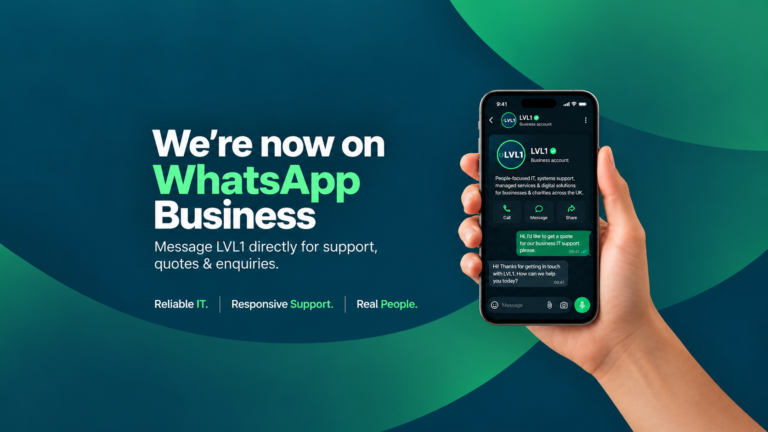 LVL1 WhatsApp Business announcement showing a smartphone with the LVL1 business profile, alongside the message “We’re now on WhatsApp Business”.